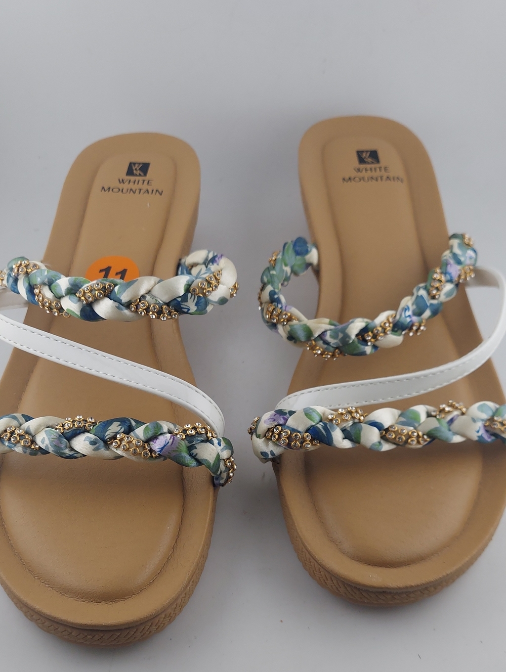White Mountain White Braided Floral-Print Slide Sandals with Gold Bead Trim